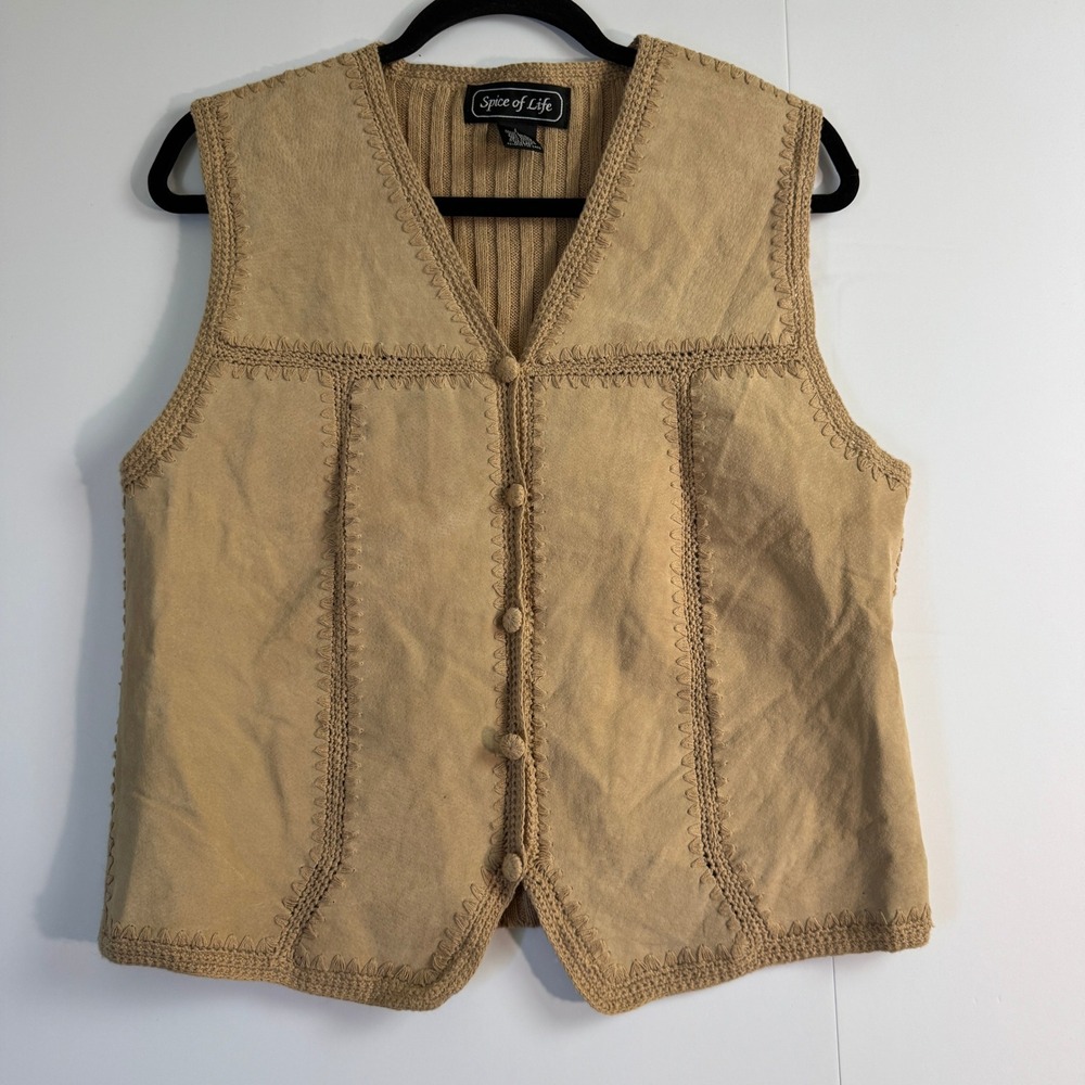 Spice of Life Womens Tan Leather Media Boho Vest Size Large V-Neck
